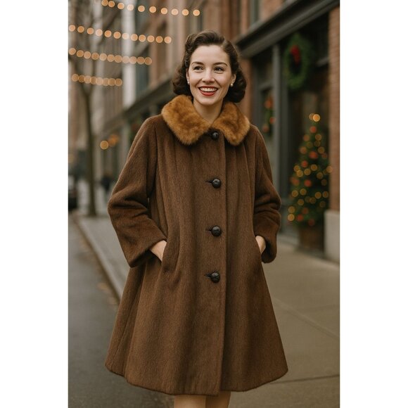 Vtg 1950s Brazotta by Fairmoor Genuine Fur Coat Tan Collar Swing Silhouette 14